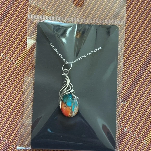 💥2/$24 or 3/$30💥 Silver Necklace with Turquoise and Orange Mosiac Stone. NWT - Picture 5 of 7